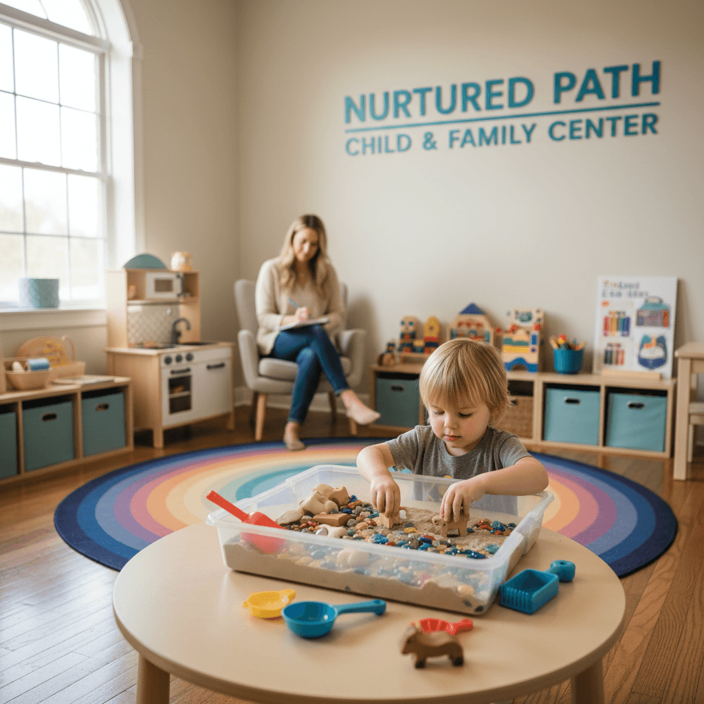 Children engaged in sensory play activities at therapy stations while therapist facilitates and parents observe in bright clinic playroom