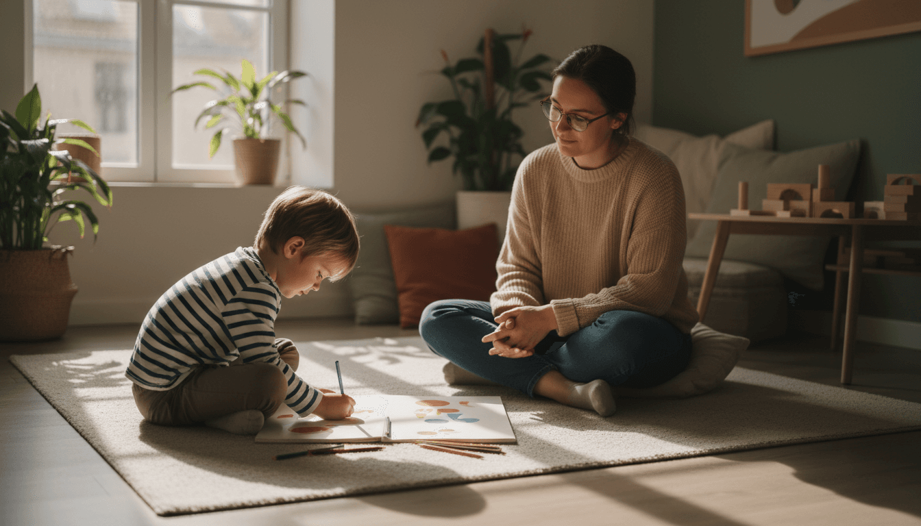 Therapist and child engaging in a therapeutic activity in a warm, comfortable setting