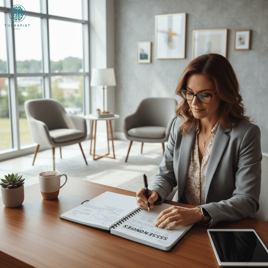 professional counselor taking notes during session in modern bright office space