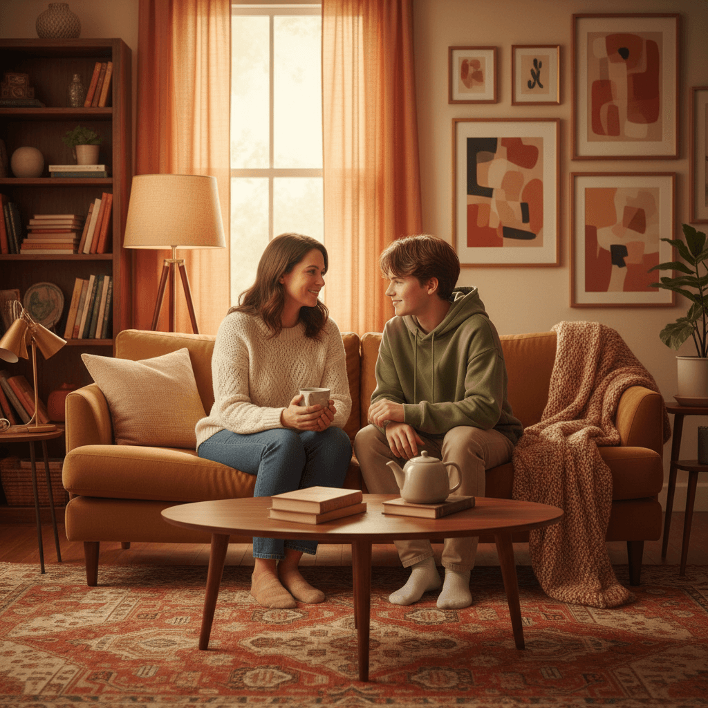 parent and teenager talking together in calm living room with warm tones