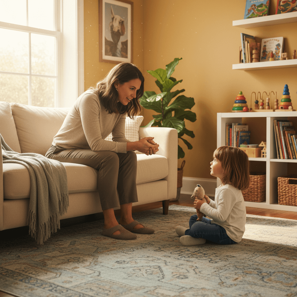 therapist listening attentively to young child in warm comfortable office with natural light