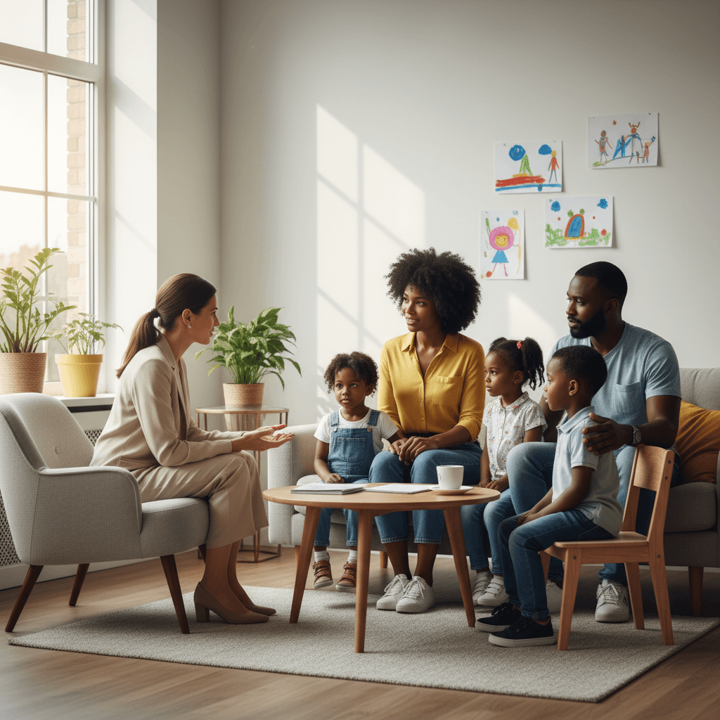 Family therapist engaged with a child at a small table in a warmly lit office.