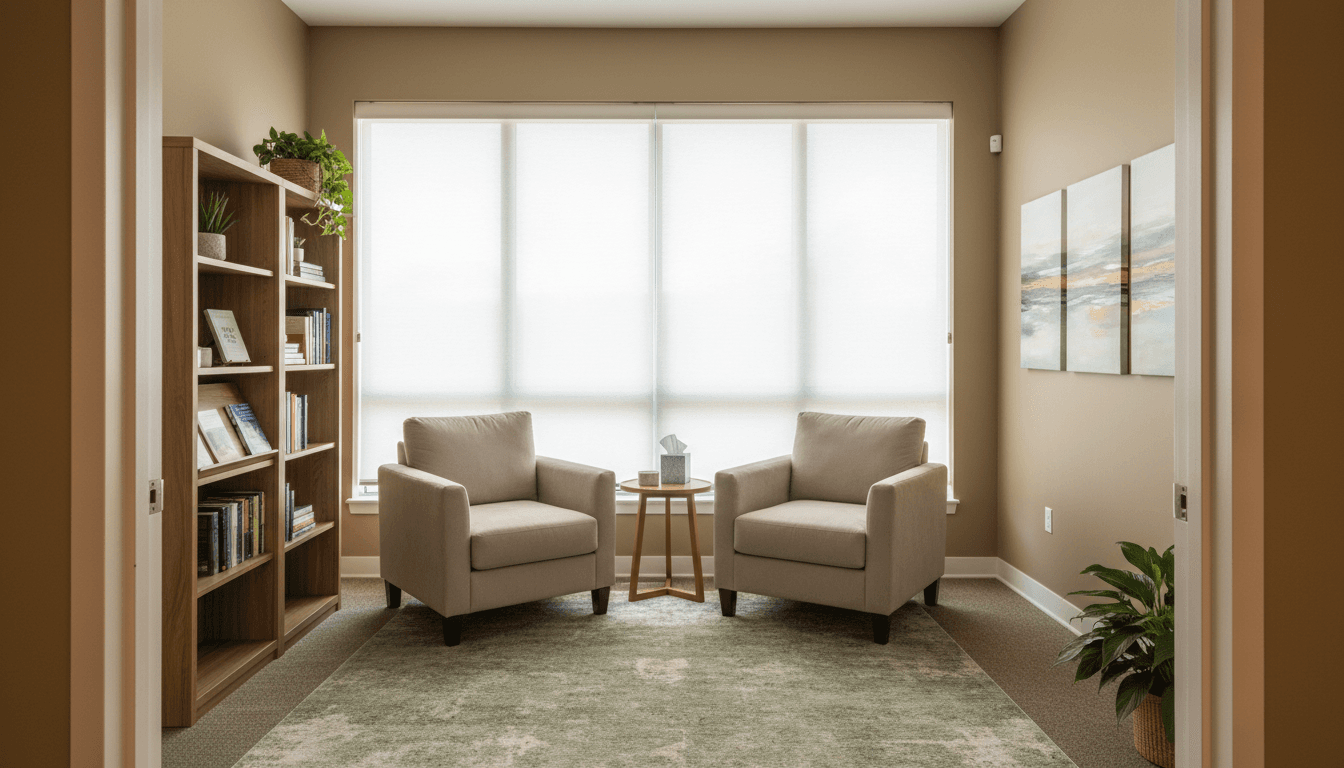therapist in warm professional office setting with comfortable seating and natural light, calm peaceful environment