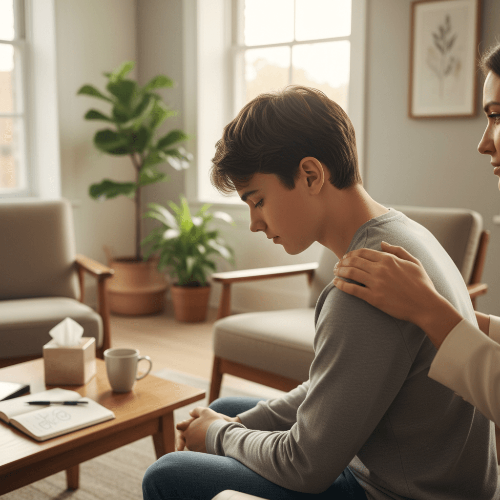 parent and adolescent in supportive counseling conversation in bright professional mental health setting
