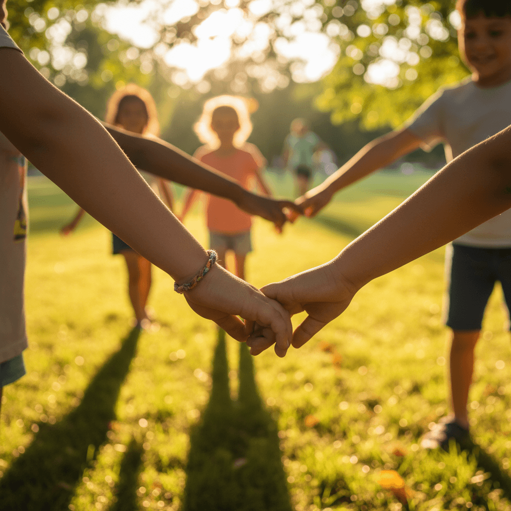 Close-up of diverse children's hands joined together in circle during outdoor summer camp activity
