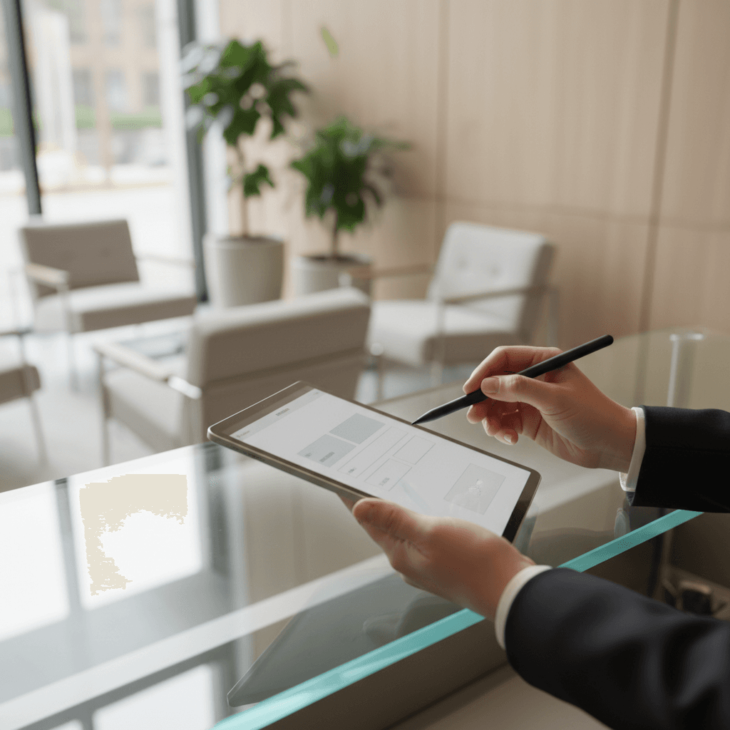 Receptionist hands holding digital tablet for visitor sign-in at modern reception desk with natural window light