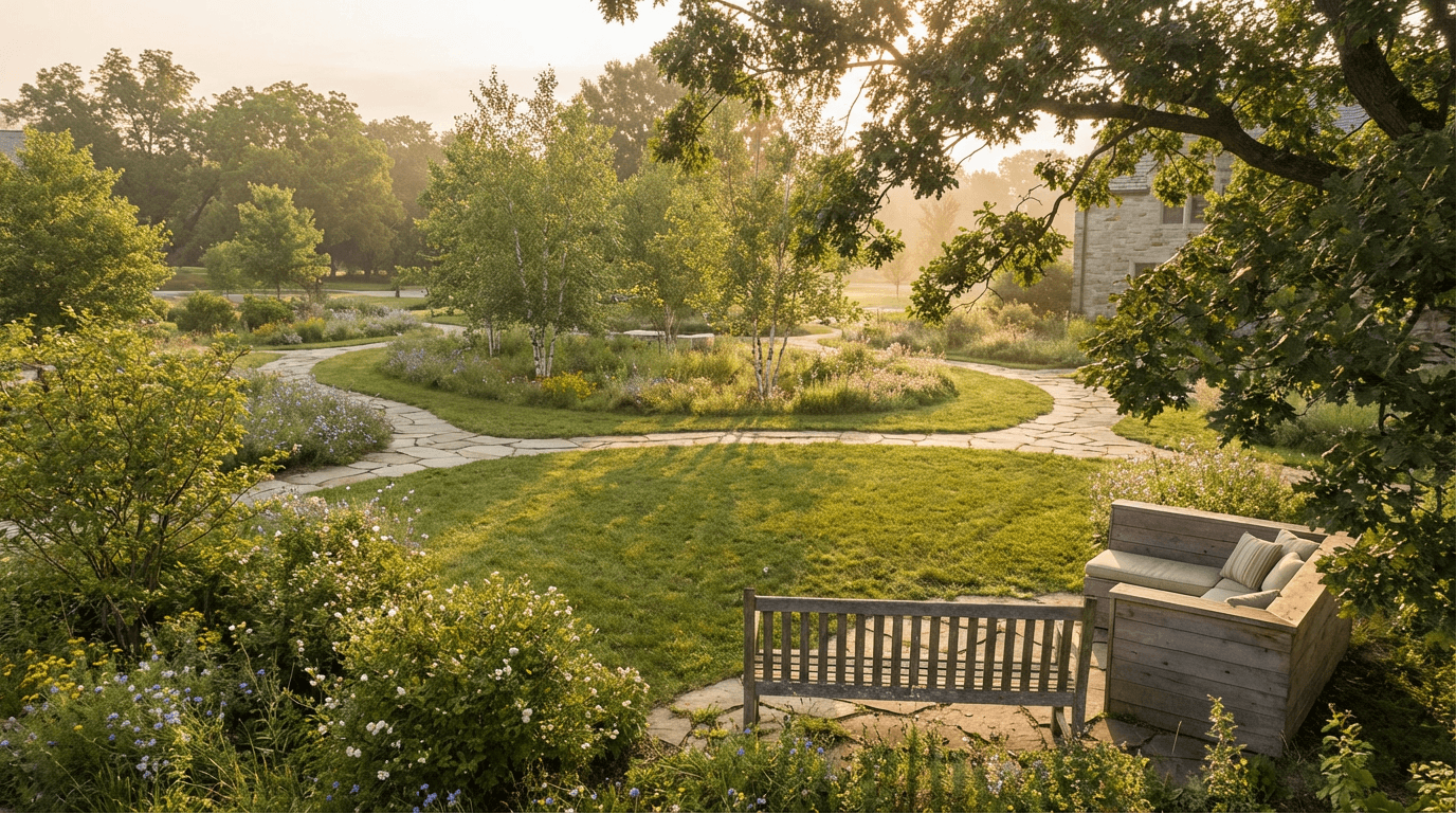 Sunlit outdoor courtyard with tree-lined pathways, natural grass, and golden-hour dappled light creating peaceful learning environment.