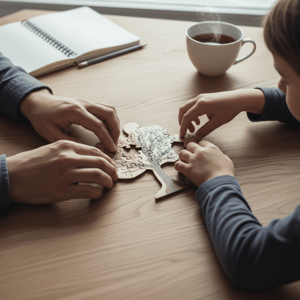 Adult and child hands collaborating on a puzzle together at a wooden table with soft natural lighting.