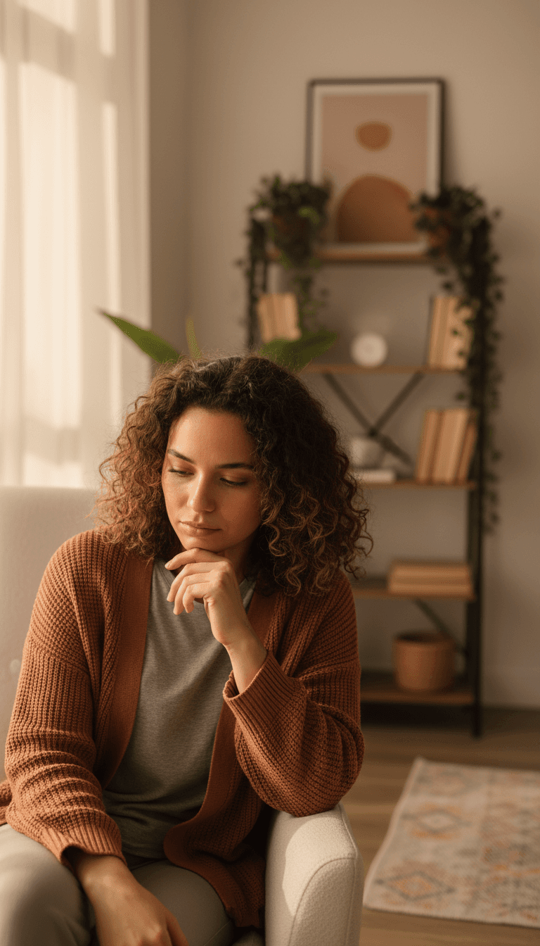 Diverse young adult patient in contemplative moment during therapy session, expressing emotional openness and thoughtfulness